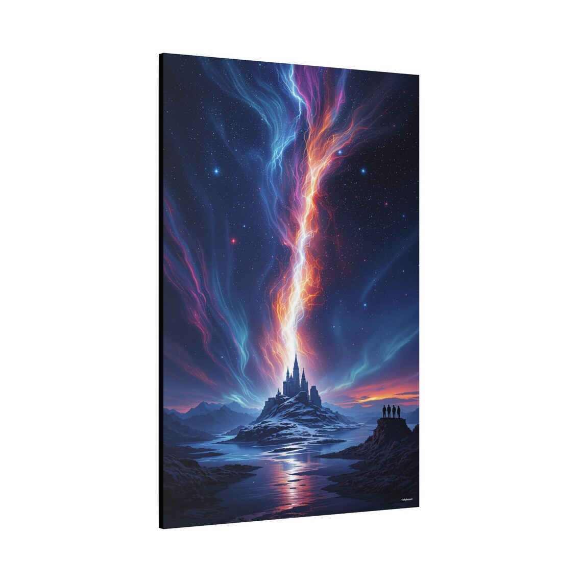 Fantasy Night Sky Aurora Island Castle Lake Reflection Art Print - Image 2