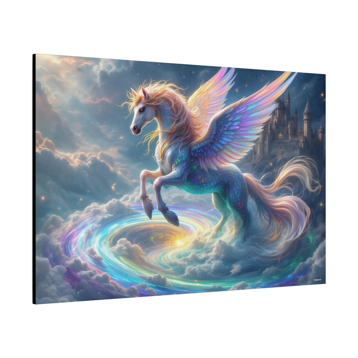 Winged Unicorn Leaping Over Rainbow Aurora Clouds With Castle Fantasy Poster - Image 2