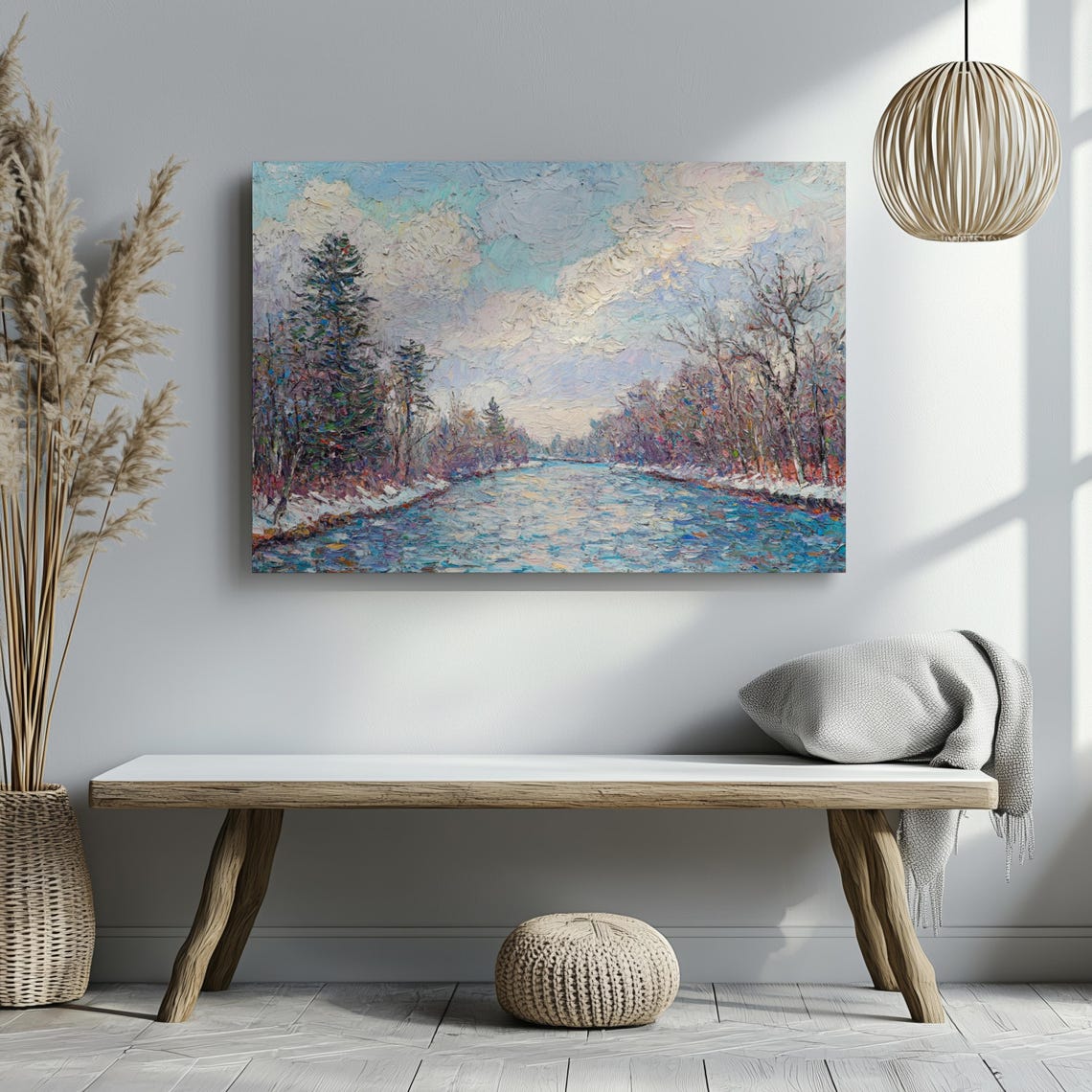 Frosty Winter Stream Snowy Banks Impressionist Forest Art Poster - Image 3