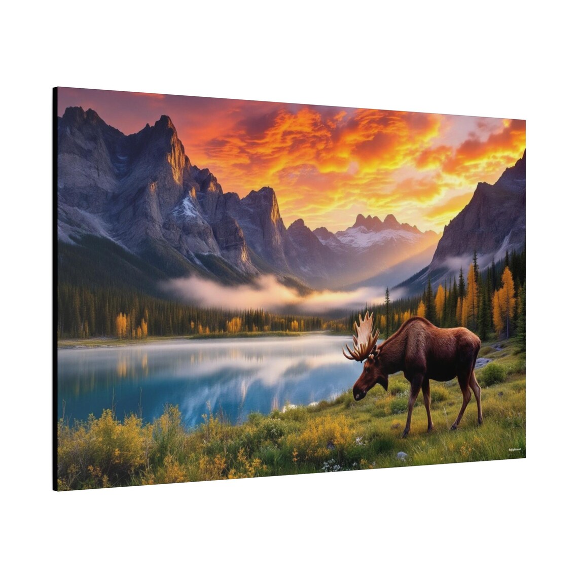 Moose Grazing By A Mountain Lake Under A Fiery Autumn Sunset Nature Poster - Image 2