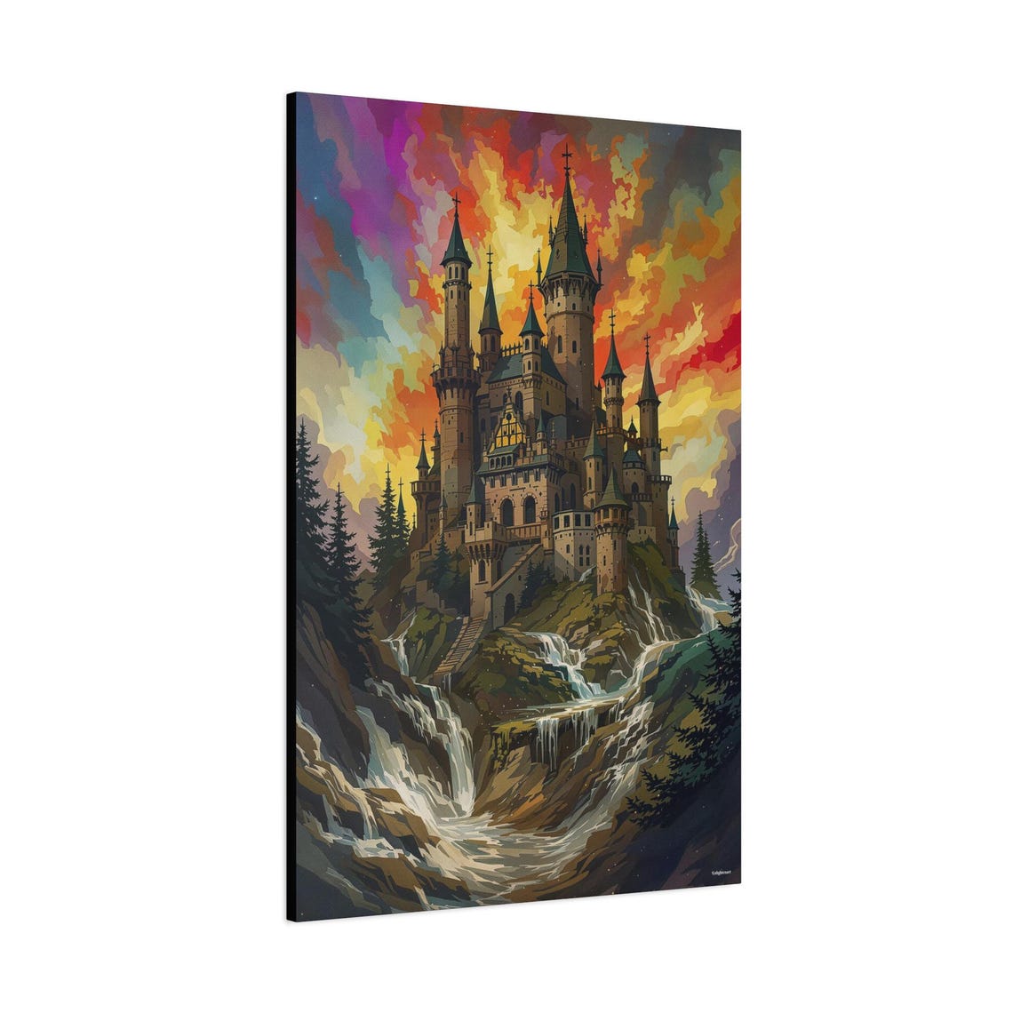 Fantasy Castle Waterfall Cliffs Dramatic Sunset Sky Colorful Art Print - Image 2