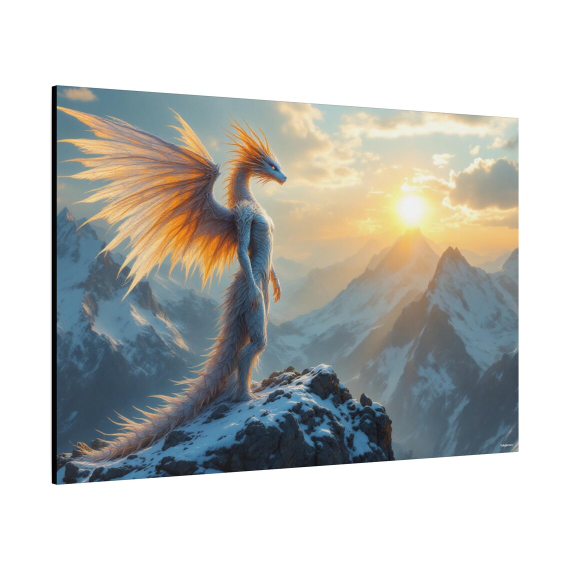 Golden Winged Dragon On A Snowy Mountain Peak At Sunrise Fantasy Poster - Image 2