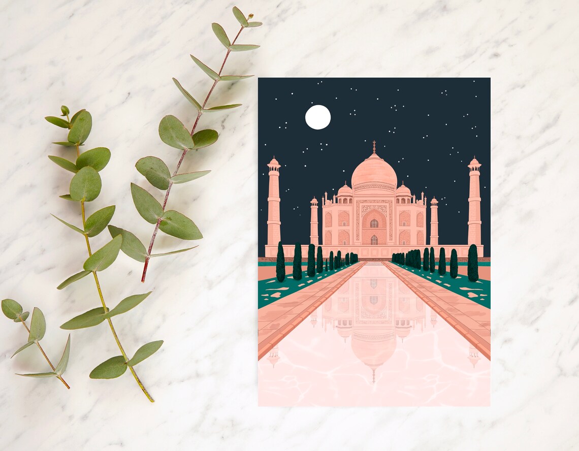 Taj Mahal India Night Moon Starry Sky Reflection Travel Art Print - Image 3