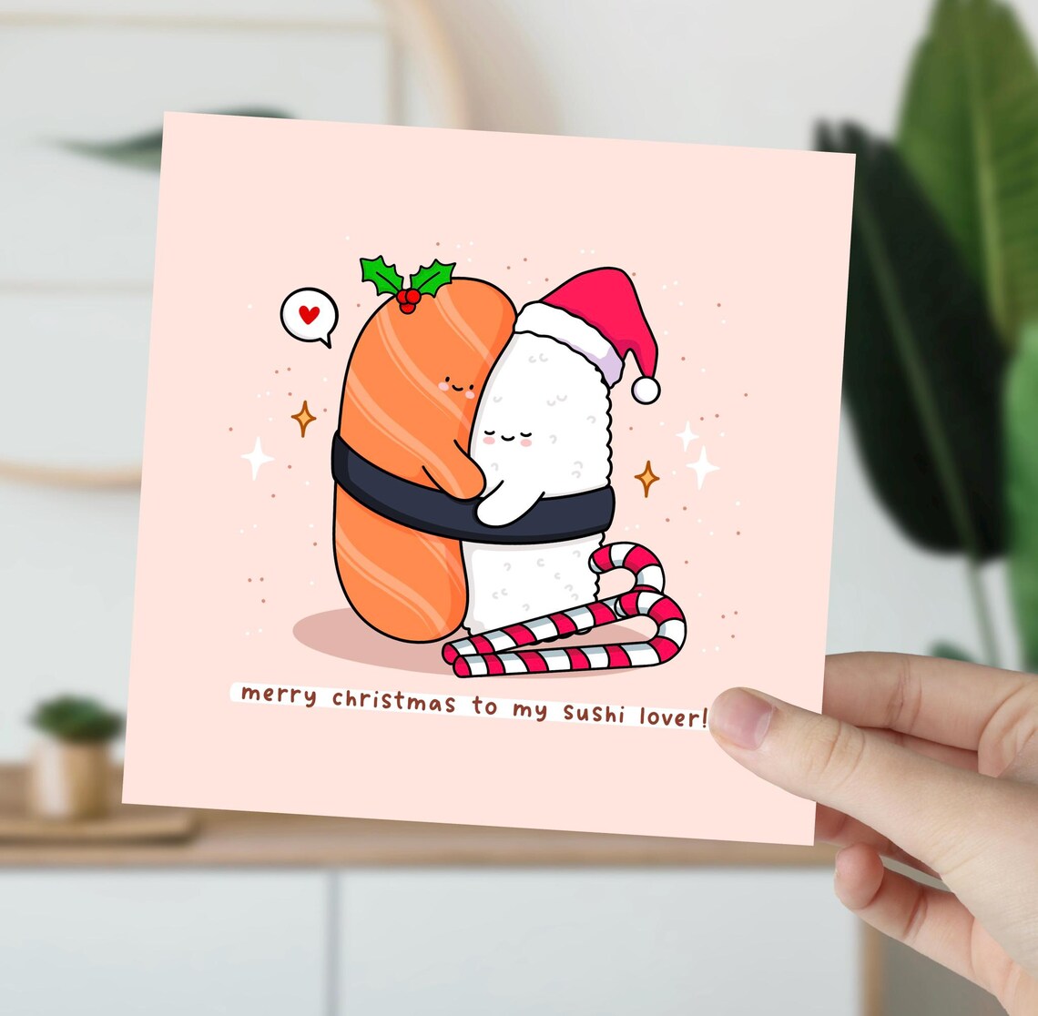 Kawaii Merry Christmas Sushi Lover Hugging Nigiri Pun Art Print - Image 6
