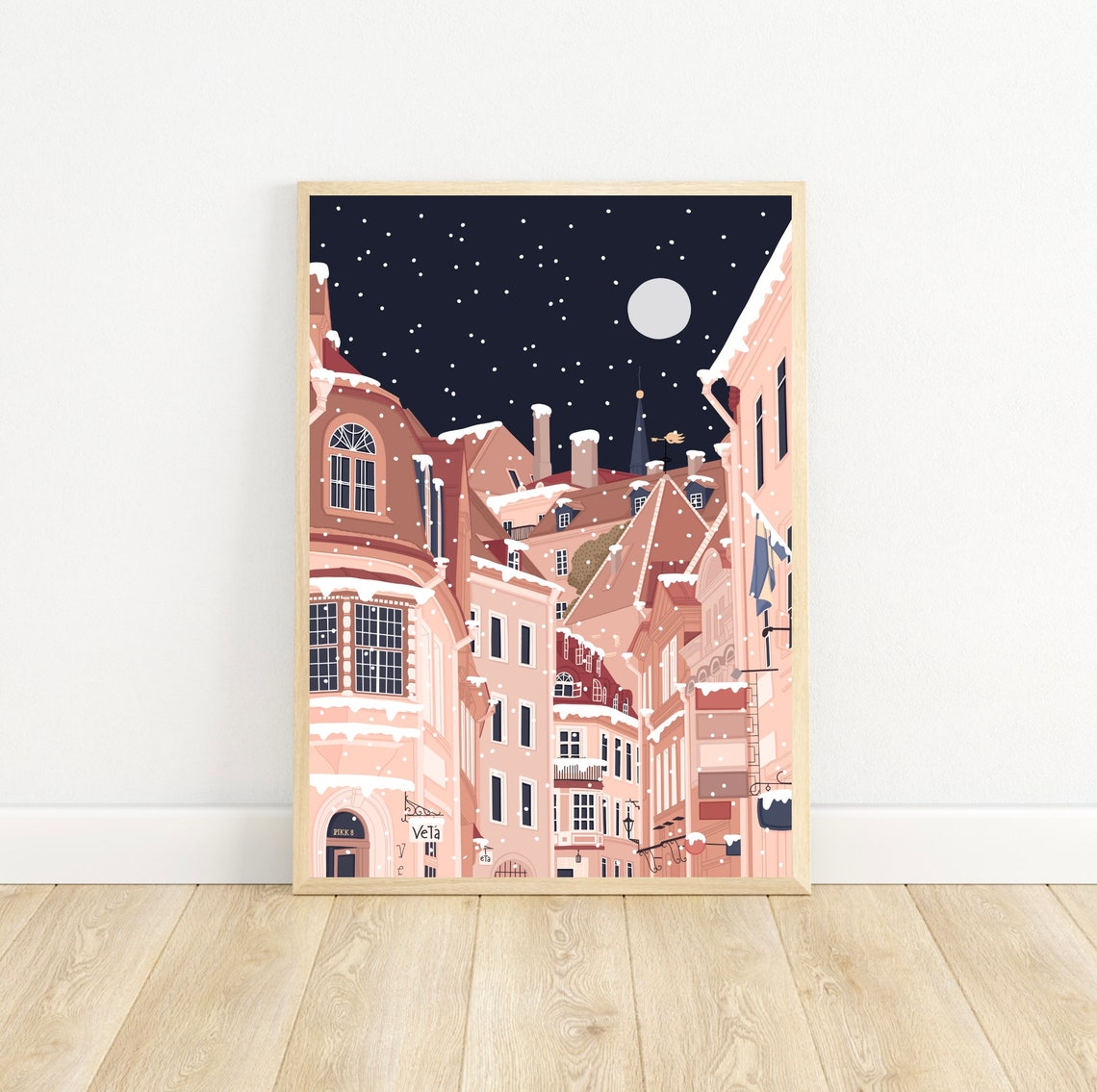 Tallinn Estonia Snowy Winter Night Old Town Street Scene Art Print - Image 5