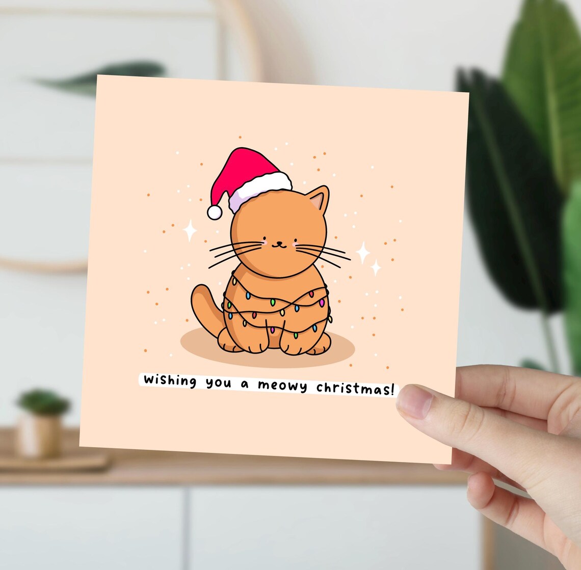 Kawaii Meowy Christmas Ginger Cat Santa Hat Fairy Lights Print - Image 6
