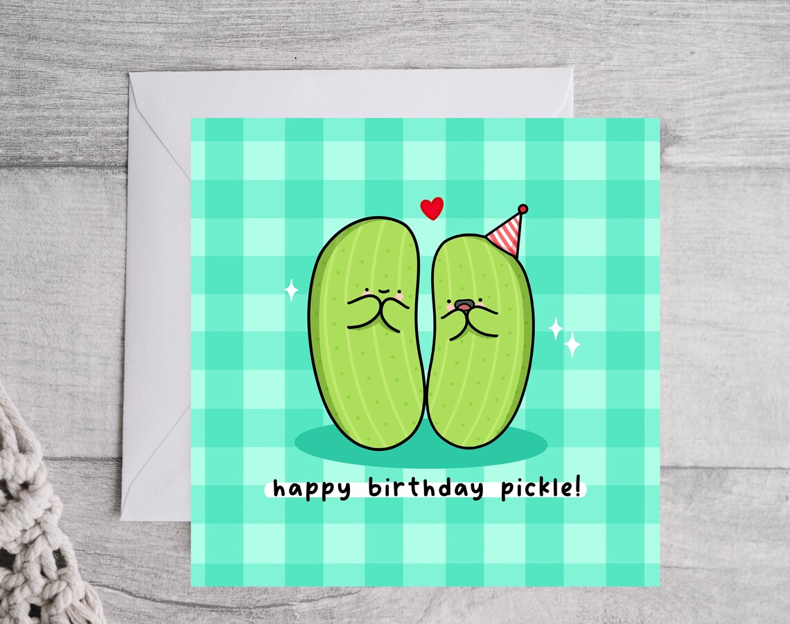 Kawaii Happy Birthday Pickle Smiling Pair Party Hat Pun Art Print - Image 4