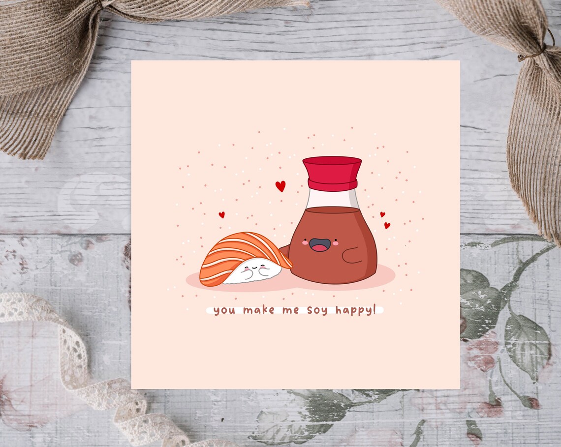 You Make Me Soy Happy Kawaii Sushi and Soy Sauce Valentine Poster - Image 2