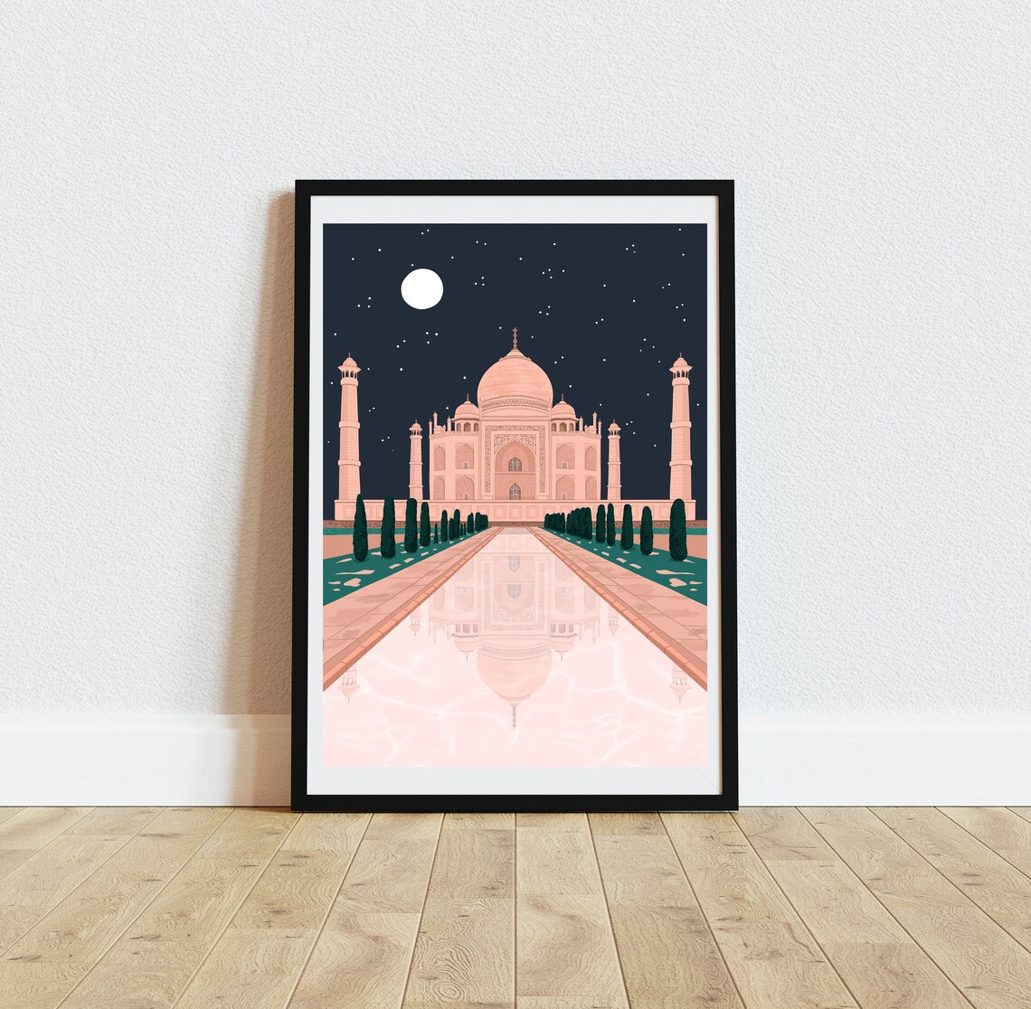 Taj Mahal India Night Moon Starry Sky Reflection Travel Art Print - Image 5