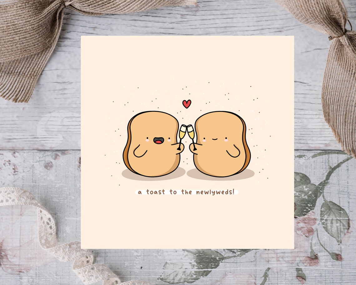 Toasting Bread Slices Happy Newlyweds Wedding Card Cute Print - Image 3