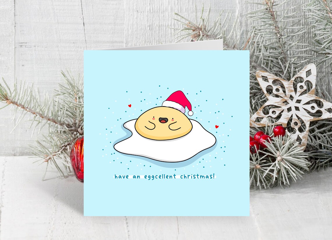 Have An Eggcellent Christmas Kawaii Fried Egg Santa Hat Card Poster - Image 3