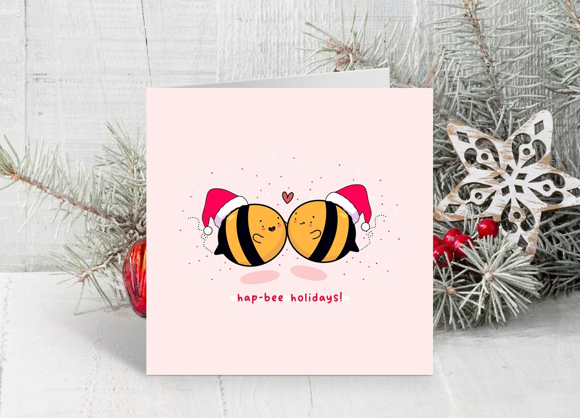 Kawaii Bee Holiday Pun Poster with Hap Bee Holidays Santa Hats - Image 3