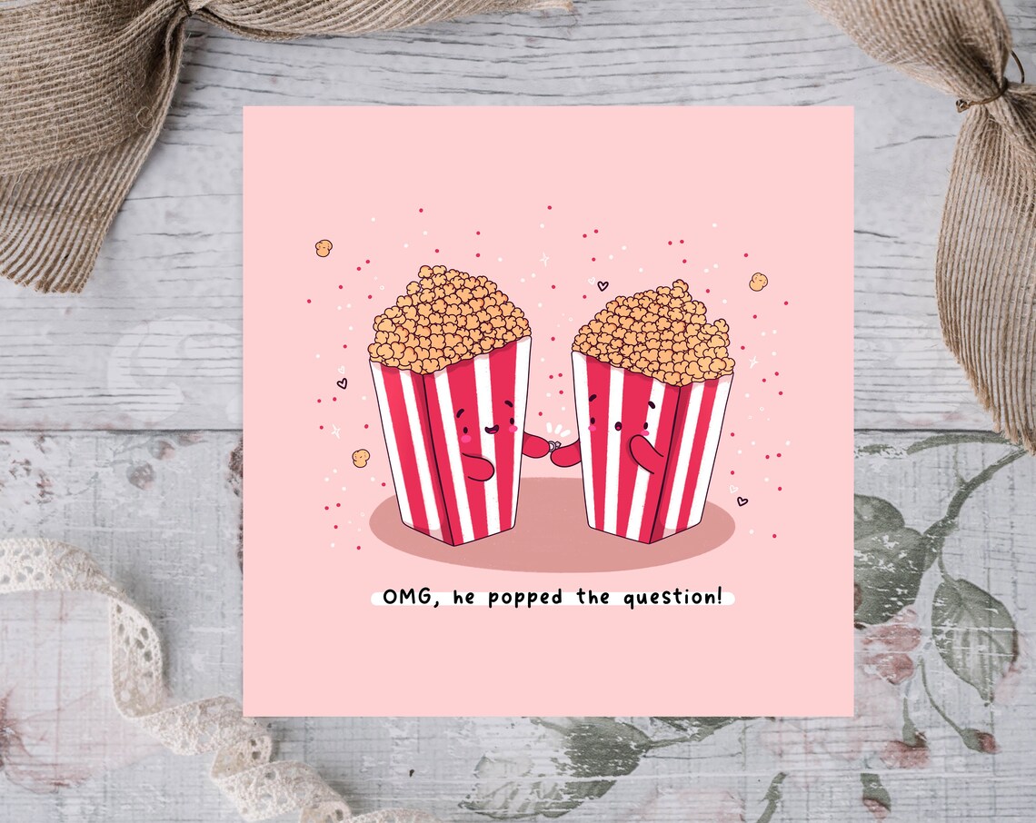 Popcorn Couple Popped the Question Engagement Card Cute Print - Image 2
