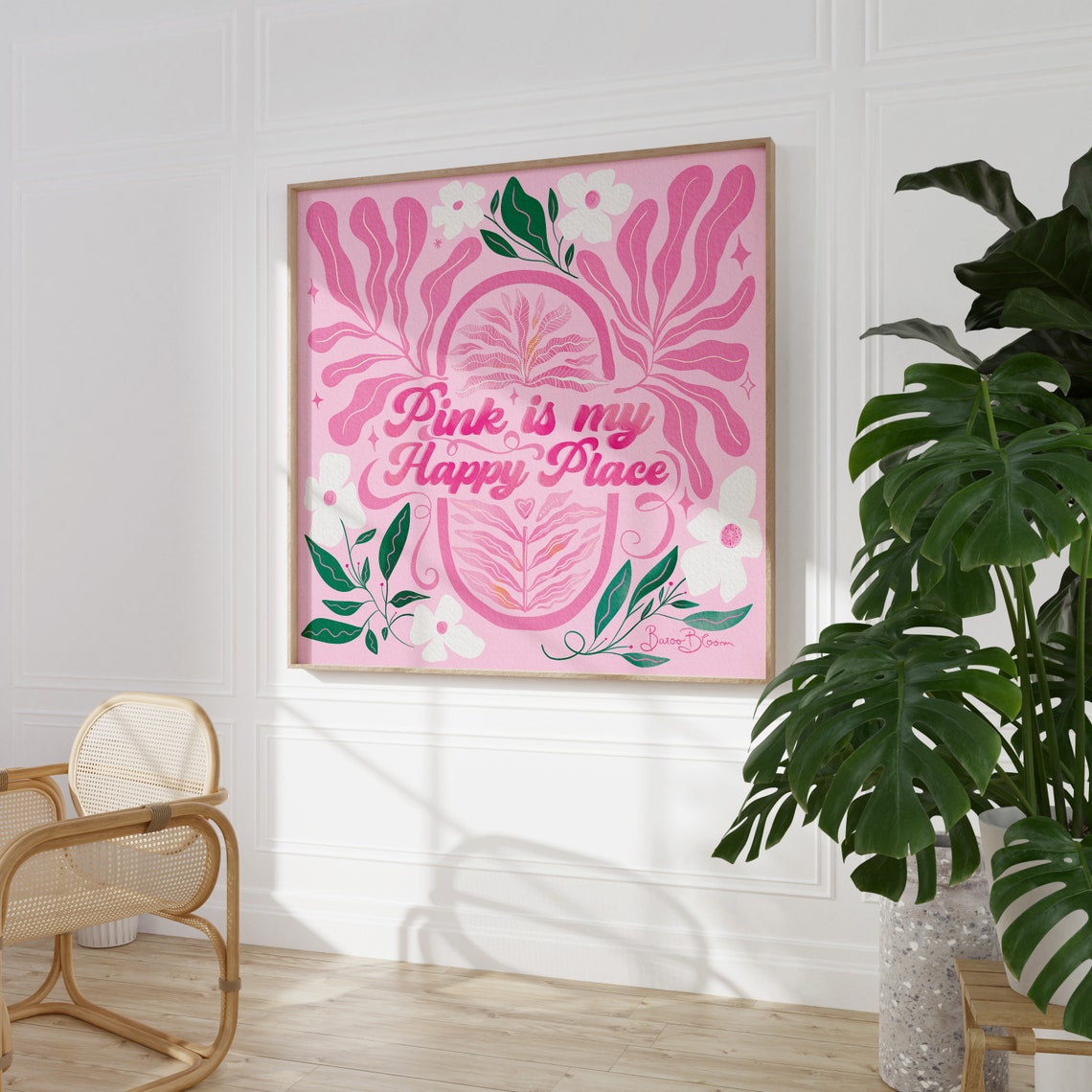 Pink Is My Happy Place Botanical Square Typography Art Poster - Image 2