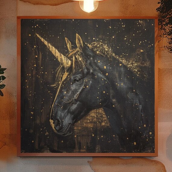 Unicorn Wall Art Unicorn Print Gold Sketch Starry Night Sky Home Decor Black Gold Contrast Artwork Bedroom Decor Hallway Decor