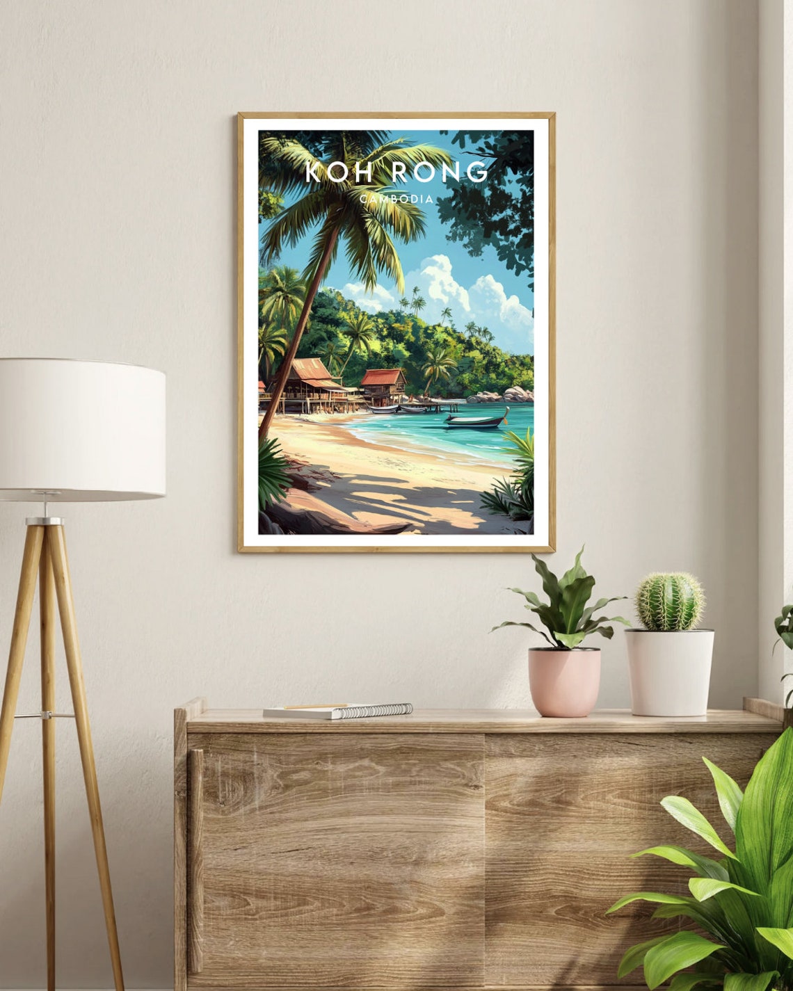 Koh Rong Cambodia Tropical Beach Palm Huts Boat Travel Poster - Image 3