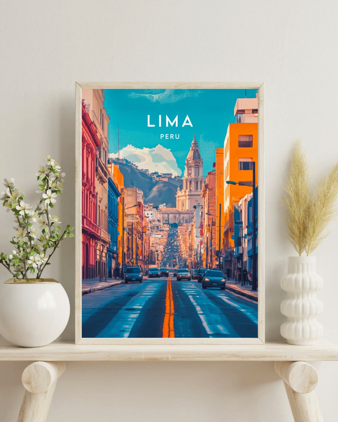 Lima Peru Historic City Street Cathedral Tower Mountain View Poster - Image 4