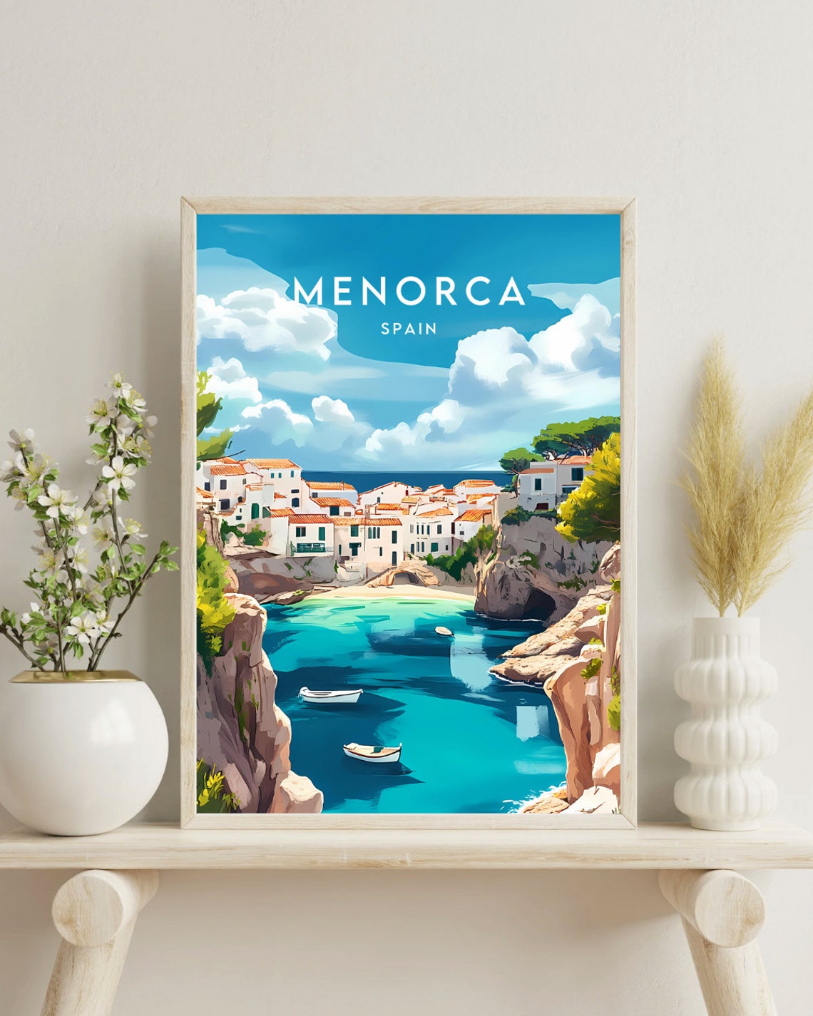 Menorca Spain Turquoise Cove White Village Travel Art Poster - Image 4