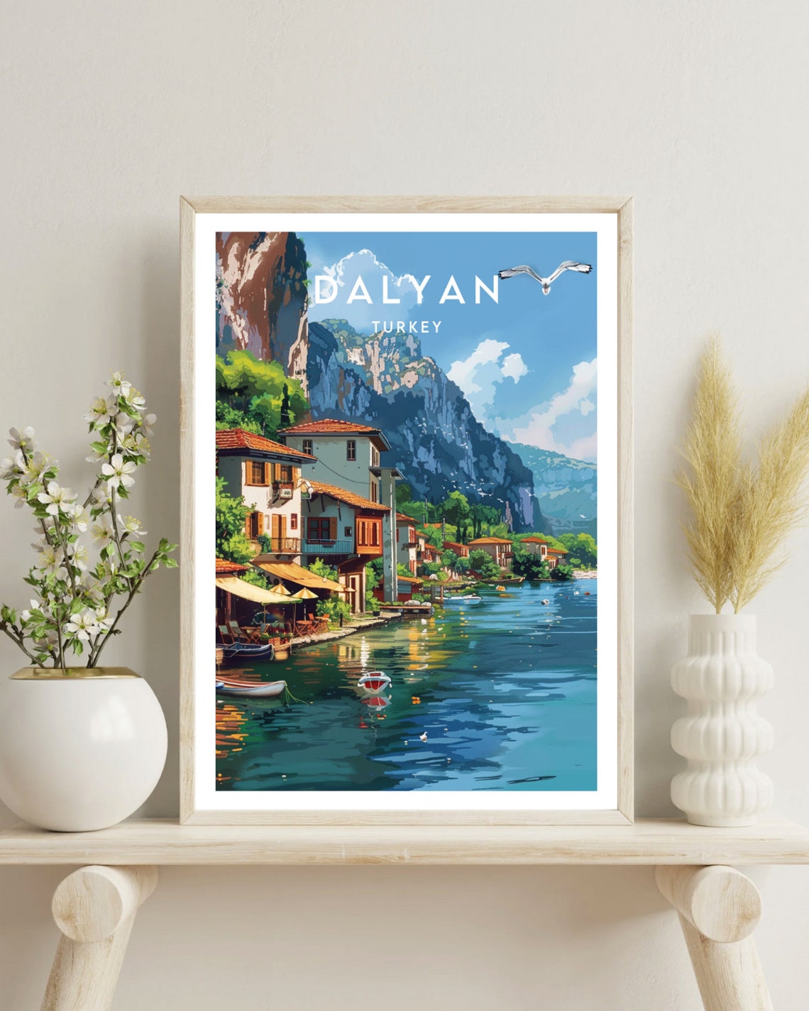 Dalyan Turkey Riverside Village River Cliffs Seagull Boats Poster - Image 4