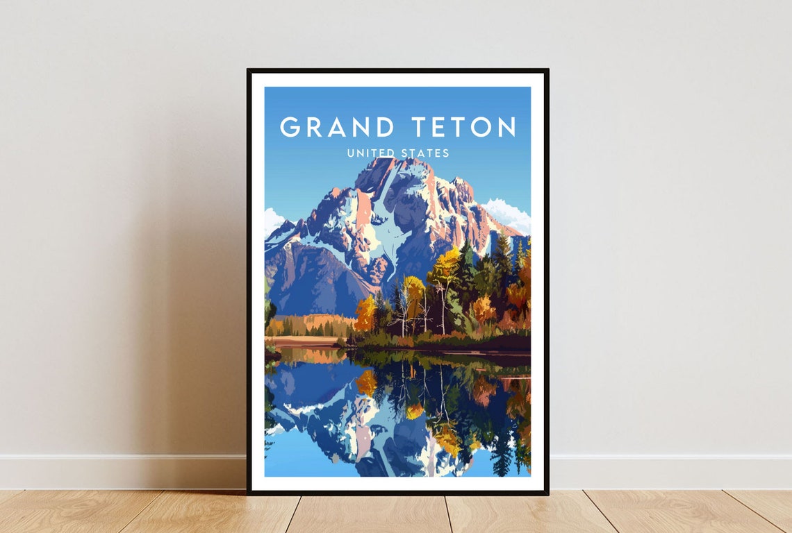Grand Teton United States Jagged Peak Lake Reflection Travel Poster