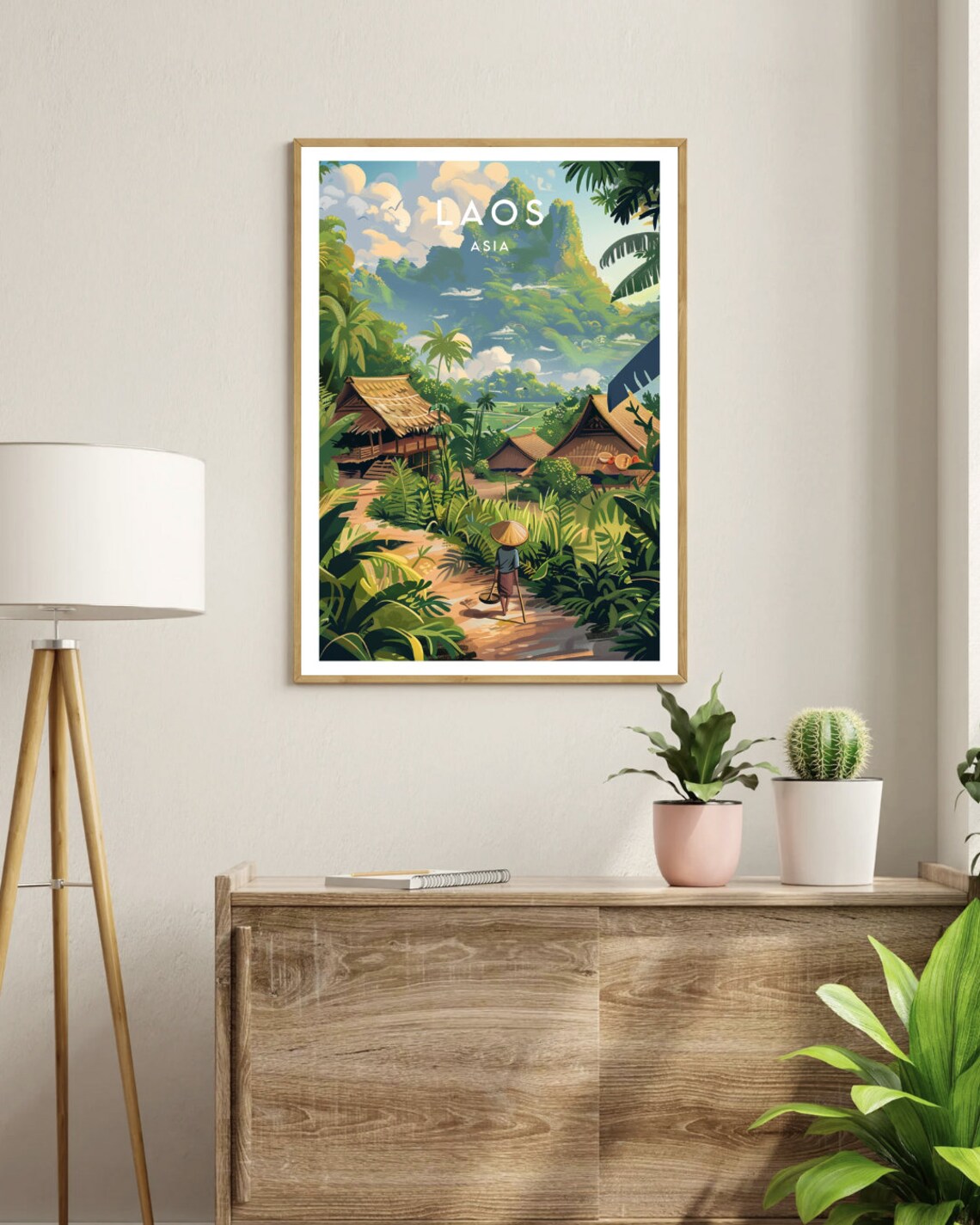 Laos Asia Jungle Village Stilt Houses Green Mountains Vintage Travel Poster - Image 3