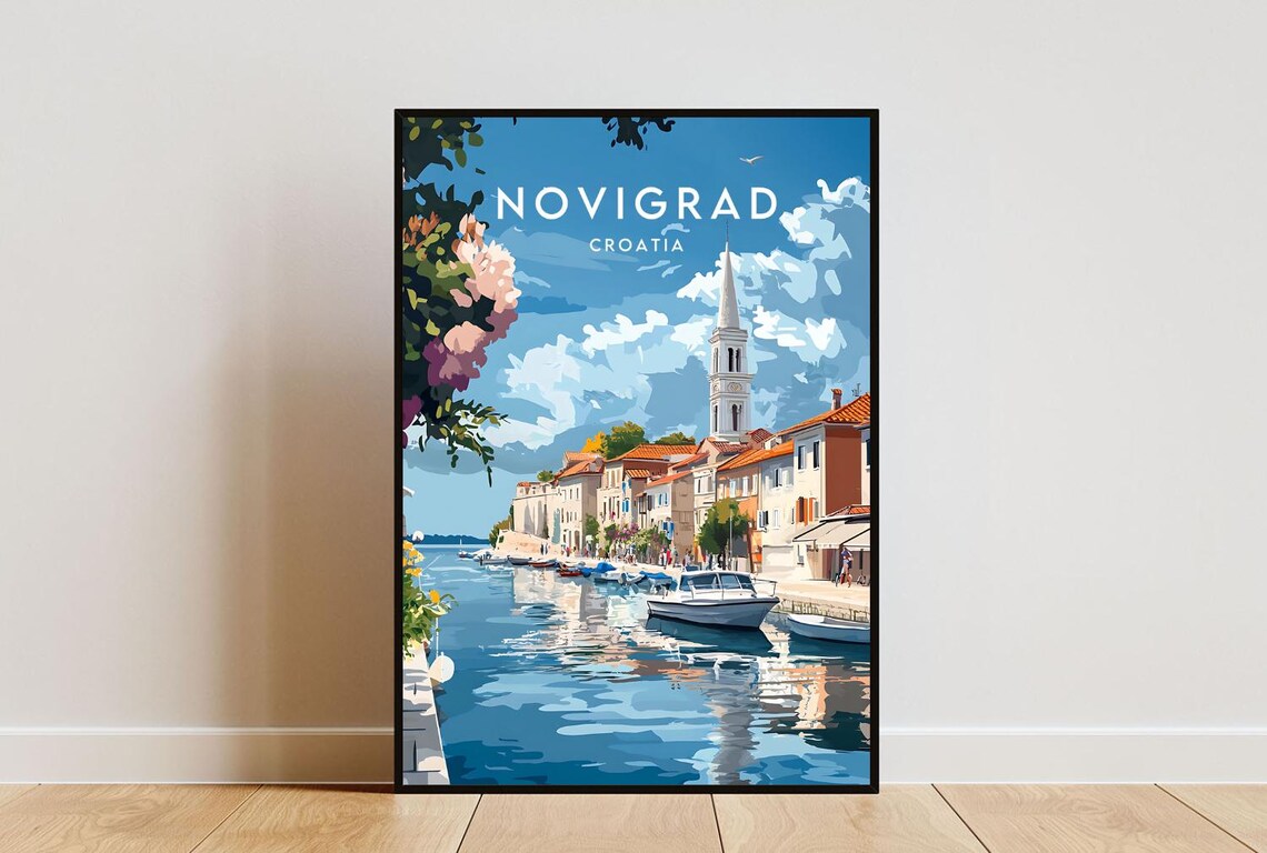 Novigrad Croatia Harbor Boats Church Spire Seaside Travel Poster