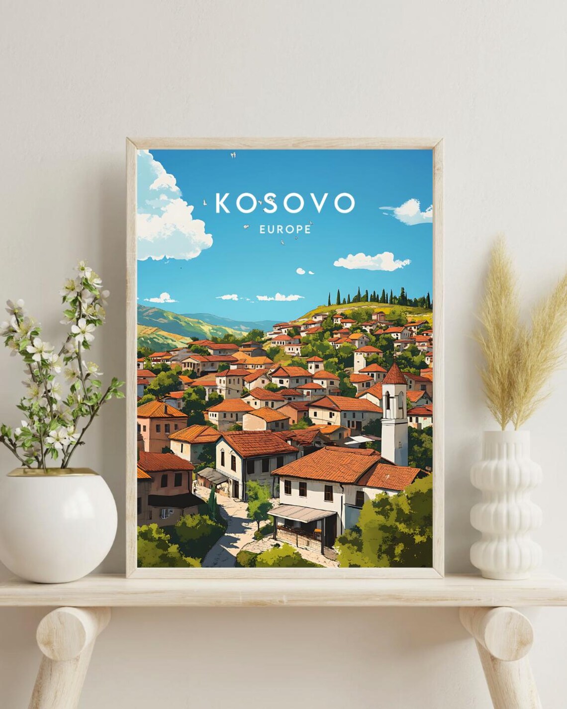Kosovo Europe Hillside Town Red Roofs Church Tower Travel Poster - Image 4