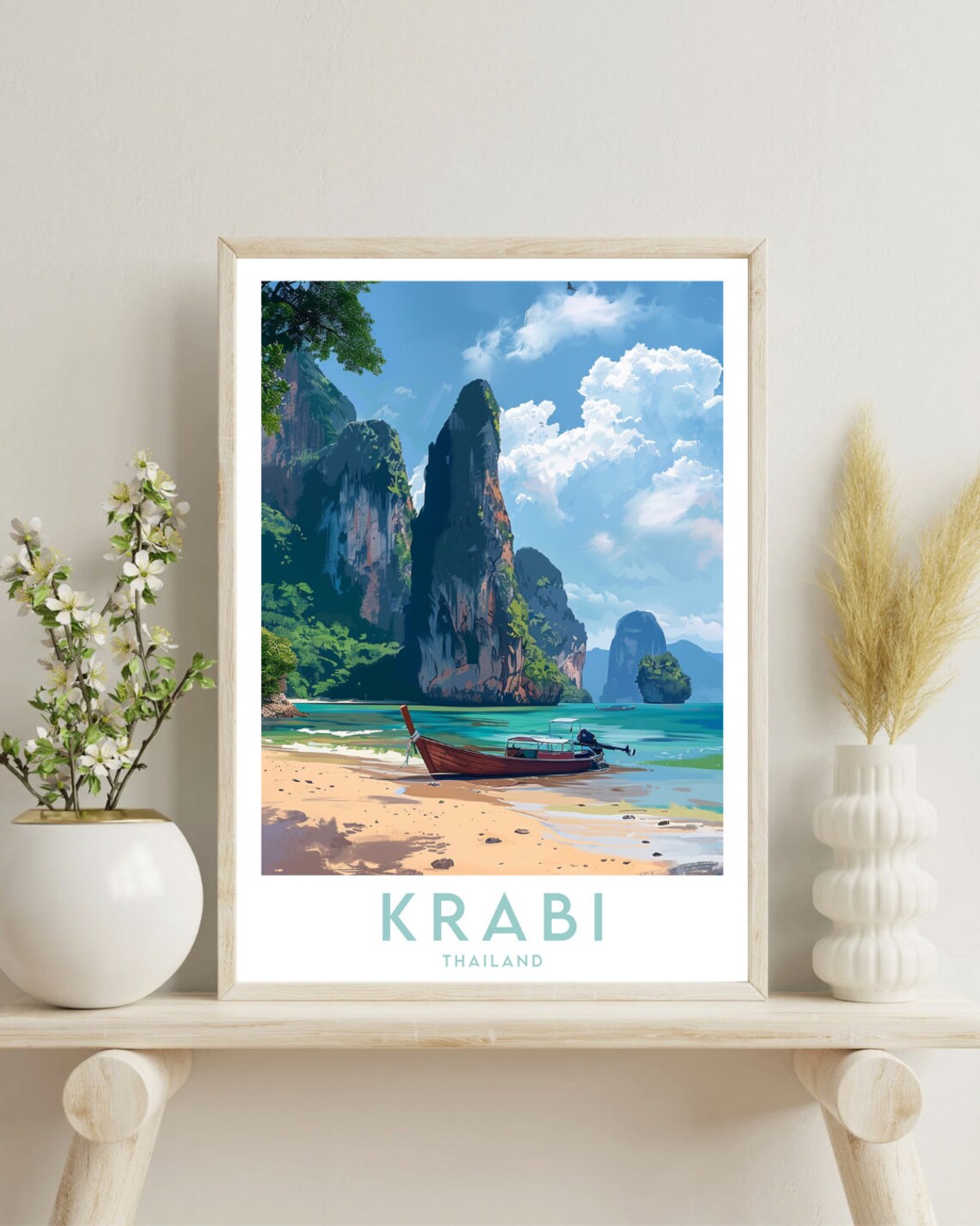 Krabi Thailand Longtail Boat Karst Cliffs Beach Travel Poster - Image 4