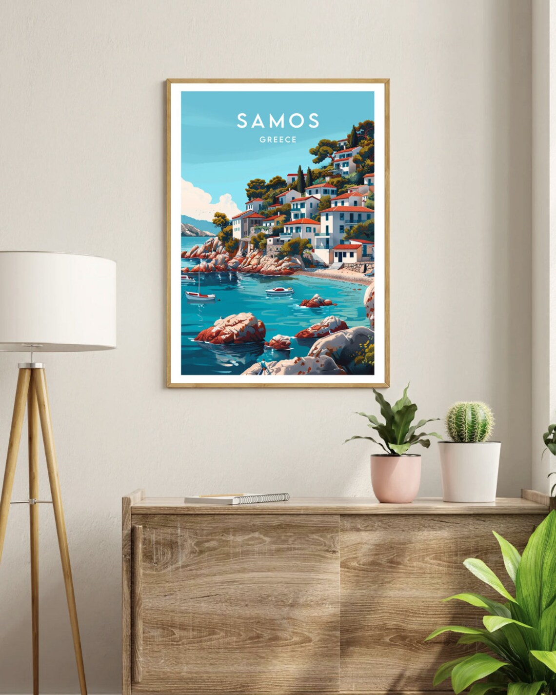 Samos Greece Hillside Village Red Roofs Rocky Cove Travel Poster - Image 3