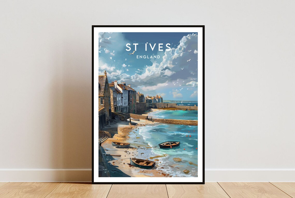St Ives England Harbor Cottages and Rowboats Vintage Art Poster