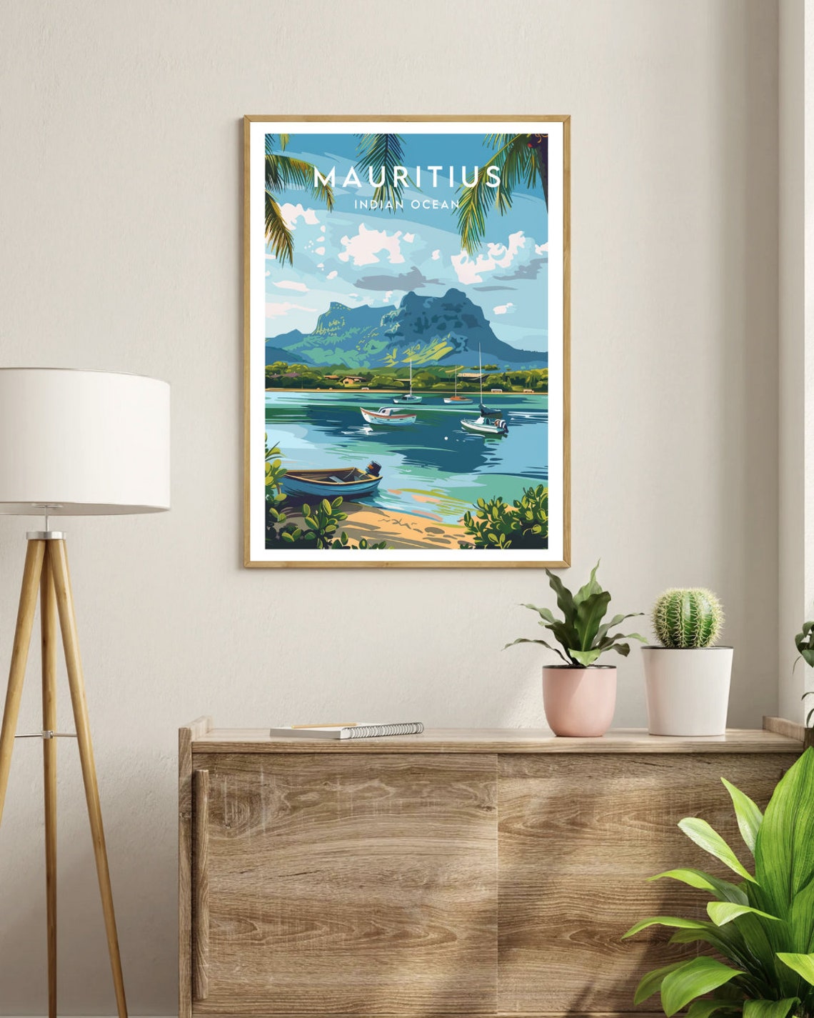 Mauritius Indian Ocean Tropical Beach Boats Mountain Travel Poster - Image 3