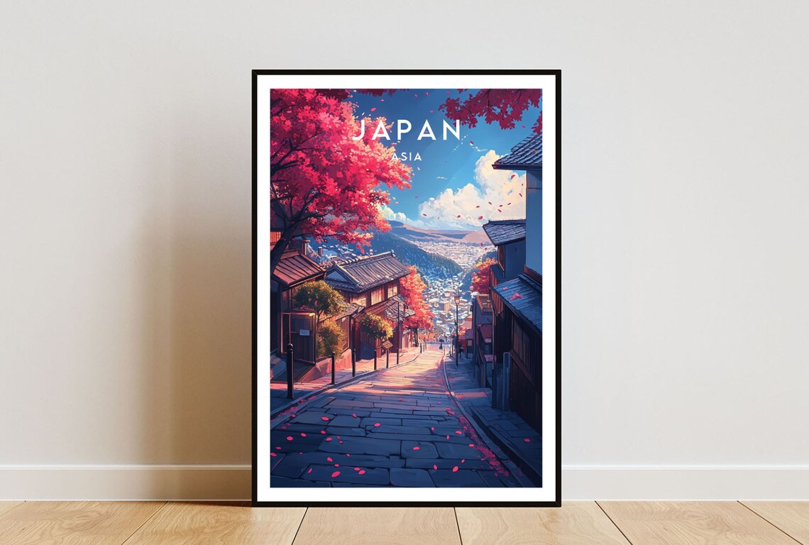 Japan Kyoto Cherry Blossom Historic Street Scene Vintage Travel Poster
