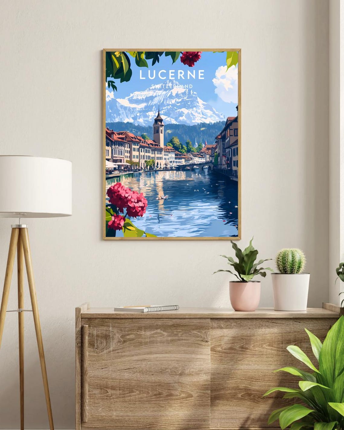 Lucerne Switzerland Riverside Old Town and Alps Travel Poster - Image 3