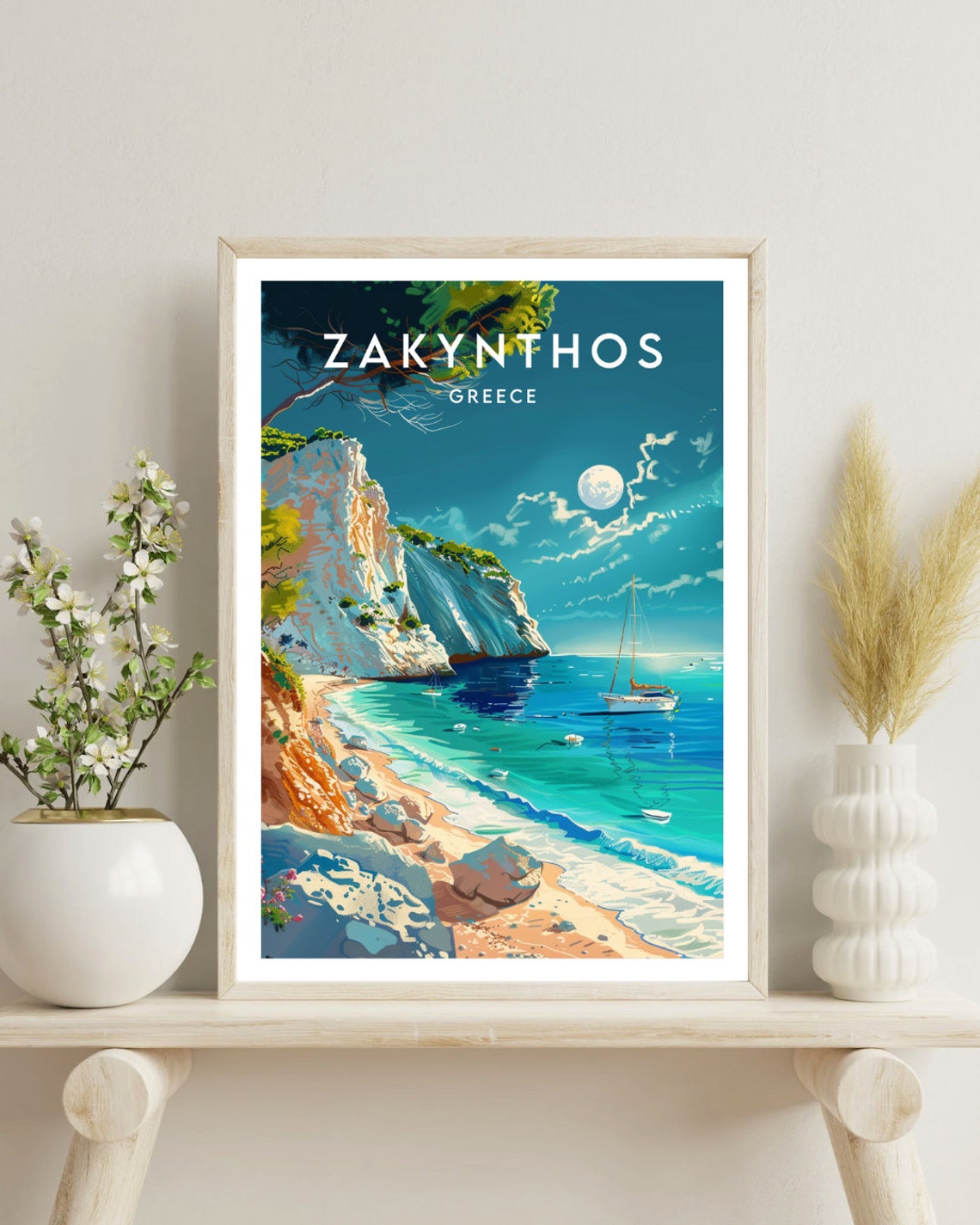 Zakynthos Greece Moonlit Cliffs Sandy Beach Sailboat Scenic Poster - Image 4