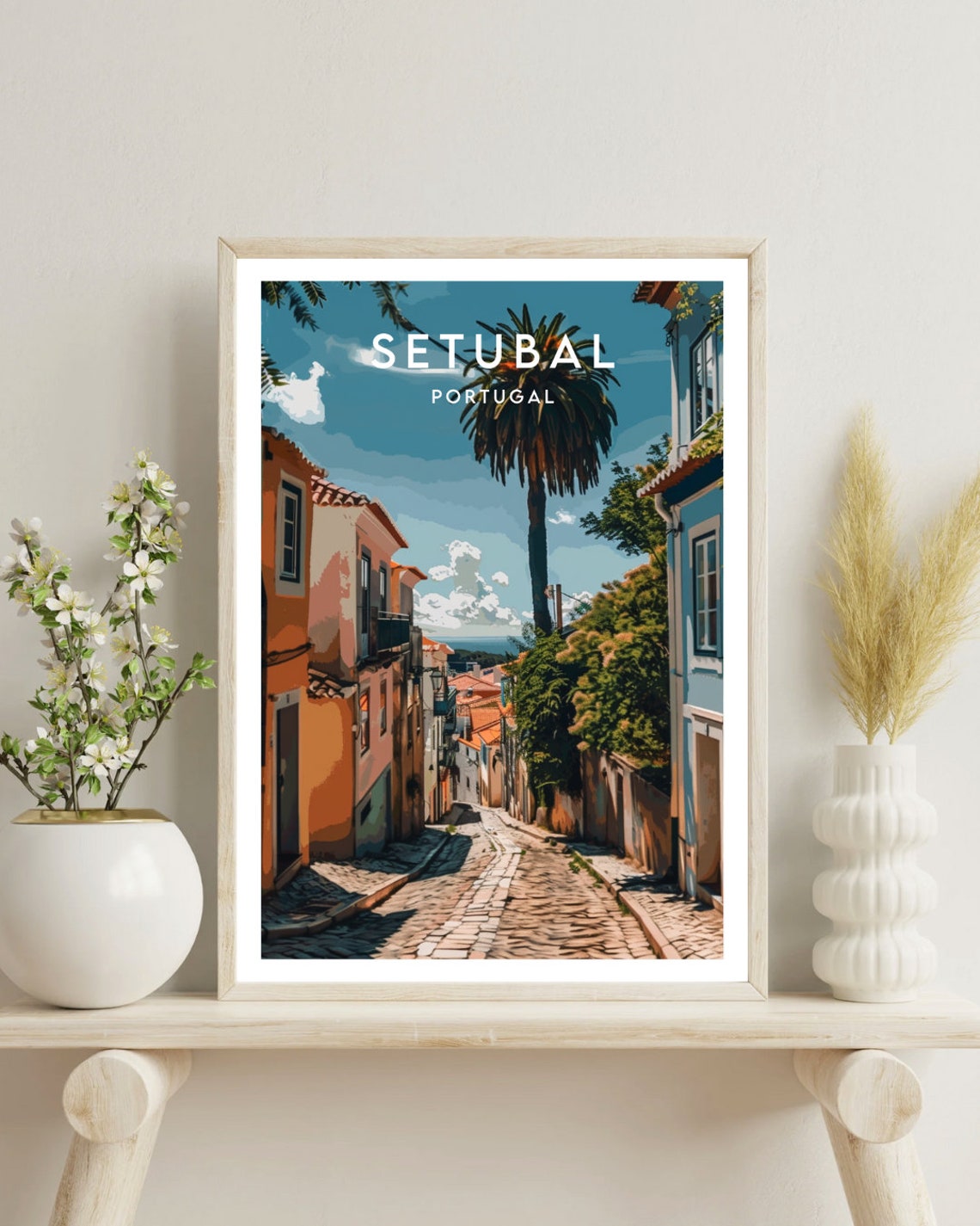 Setubal Portugal Cobbled Street Palm Tree Charming Old Town Poster - Image 4