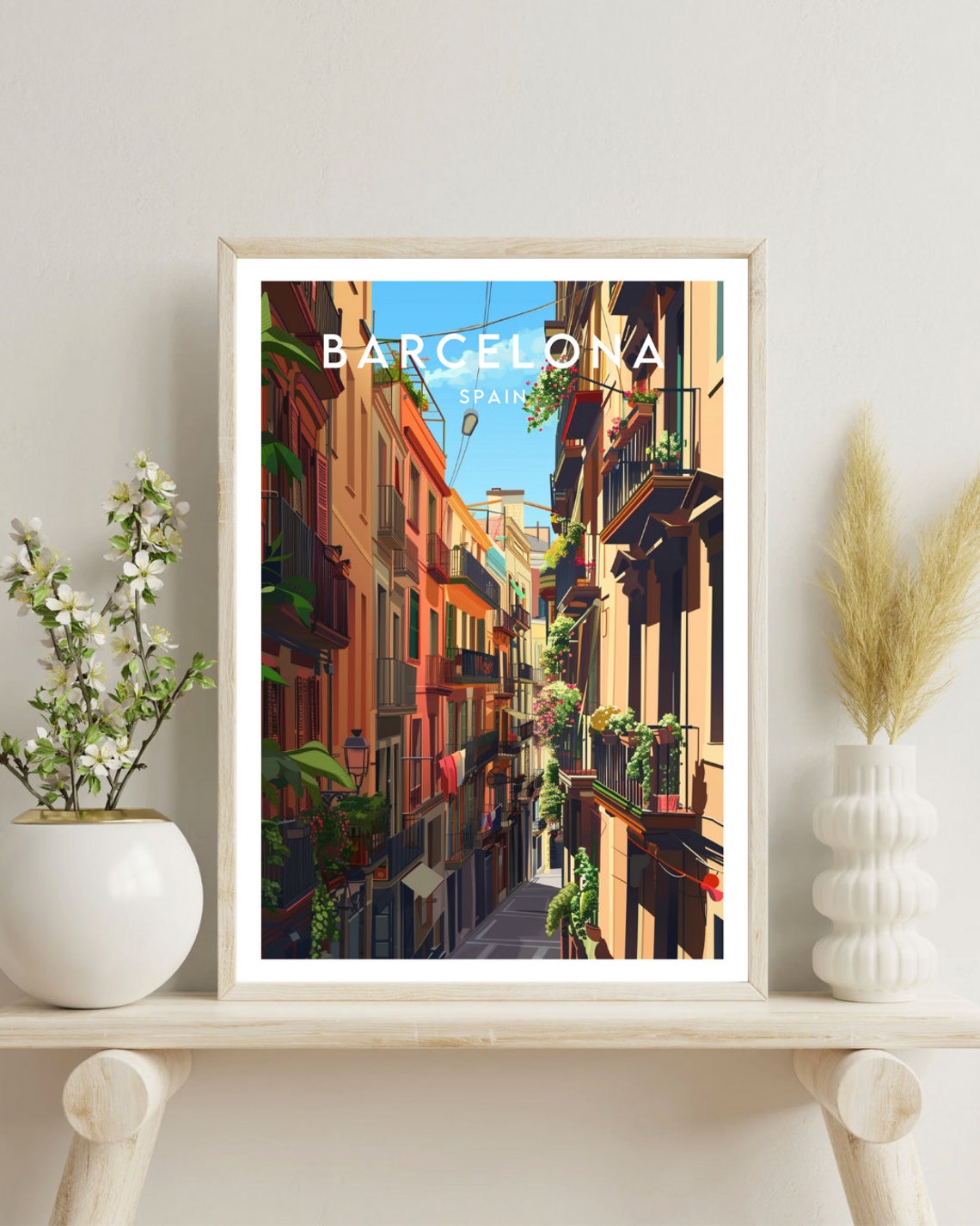 Barcelona Spain Colorful Old Street with Balconies Art Poster - Image 4