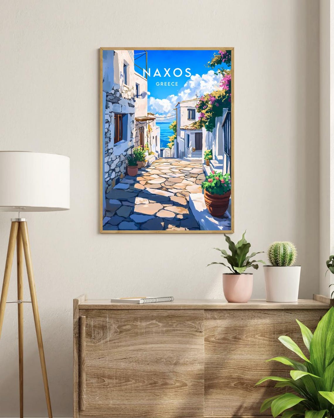 Naxos Greece Whitewashed Alley Cobblestone Sea View Travel Poster - Image 3