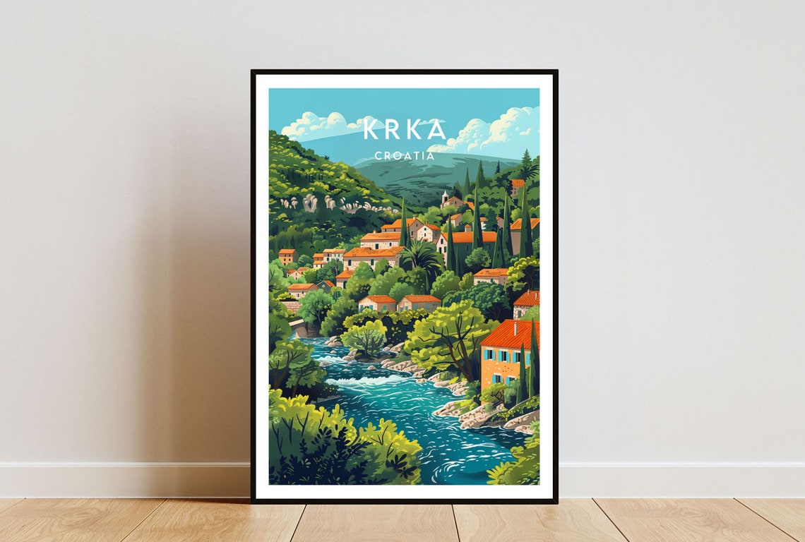 Krka Croatia Emerald River Valley Village Cypress Trees Poster