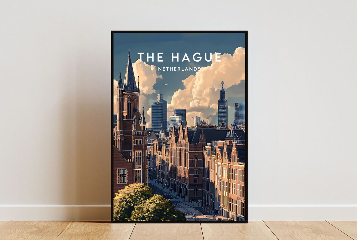 The Hague Netherlands Historic City Center Skyline Travel Poster