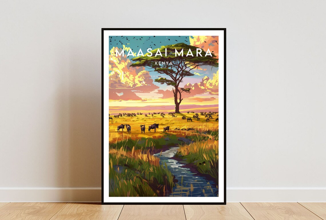 Maasai Mara Kenya Savanna Sunset Wildebeest Herd Travel Poster