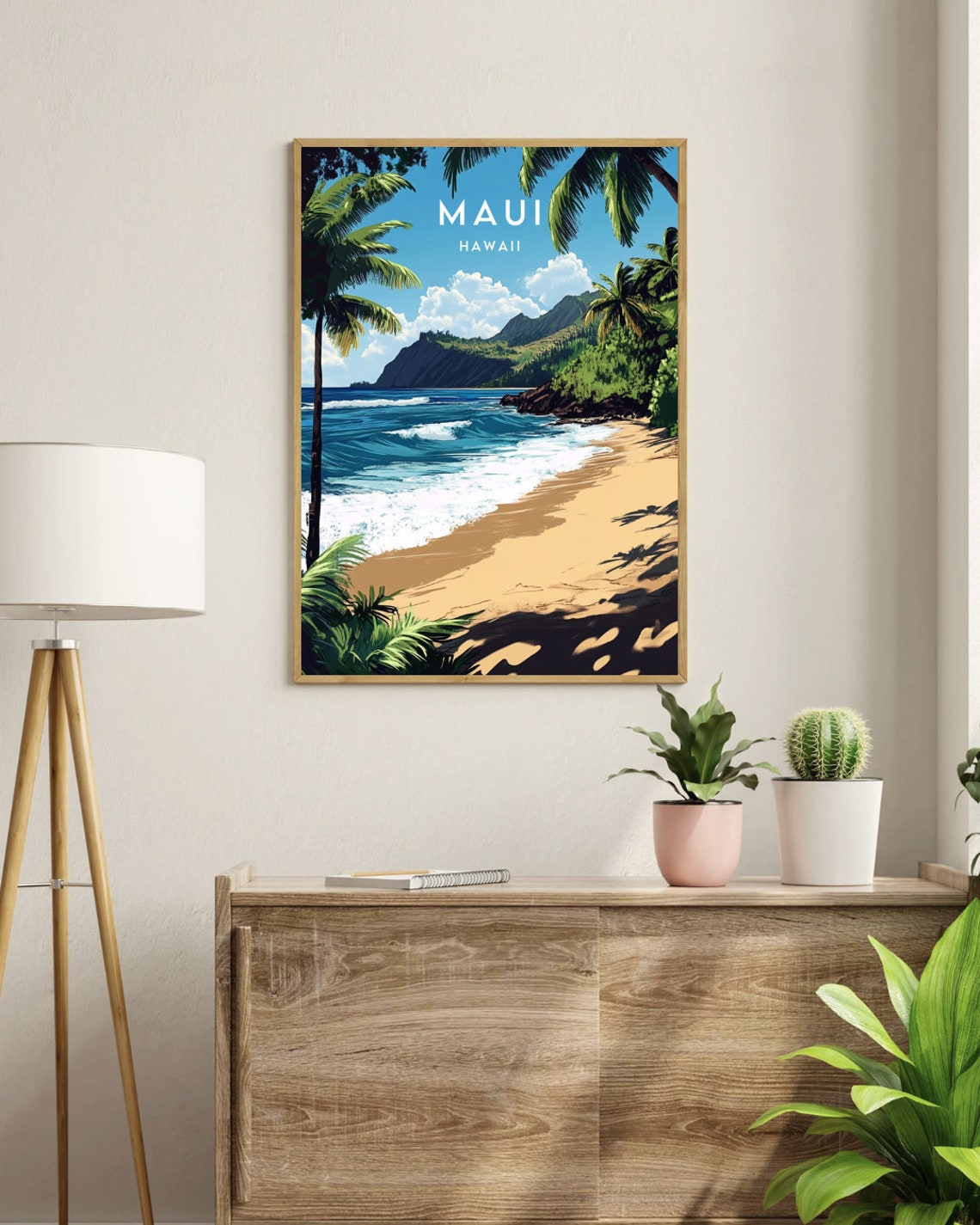 Maui Hawaii Tropical Beach Palm Trees Ocean Cliff Travel Poster - Image 3