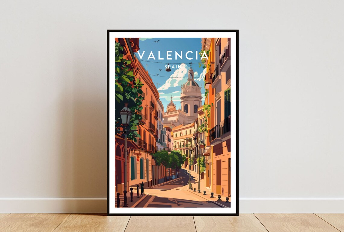 Valencia Spain Historic Street Church Dome Vintage Travel Poster