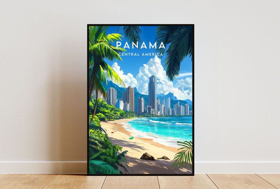 Panama Central America Beach Skyline Palm Fronds Tropical Poster