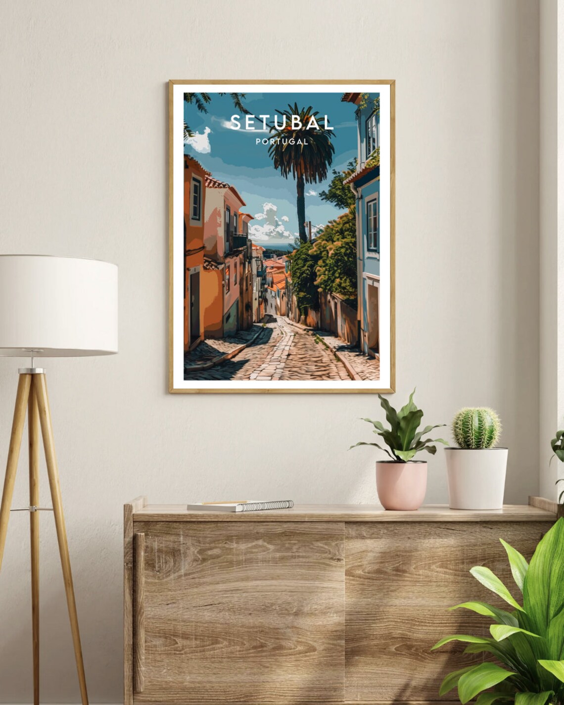 Setubal Portugal Cobbled Street Palm Tree Charming Old Town Poster - Image 3