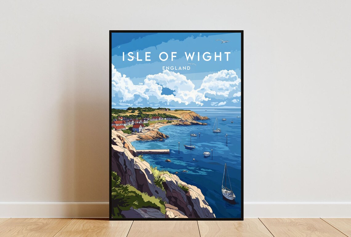 Isle of Wight England Coastal Harbor Boats Rocky Cliffs Poster