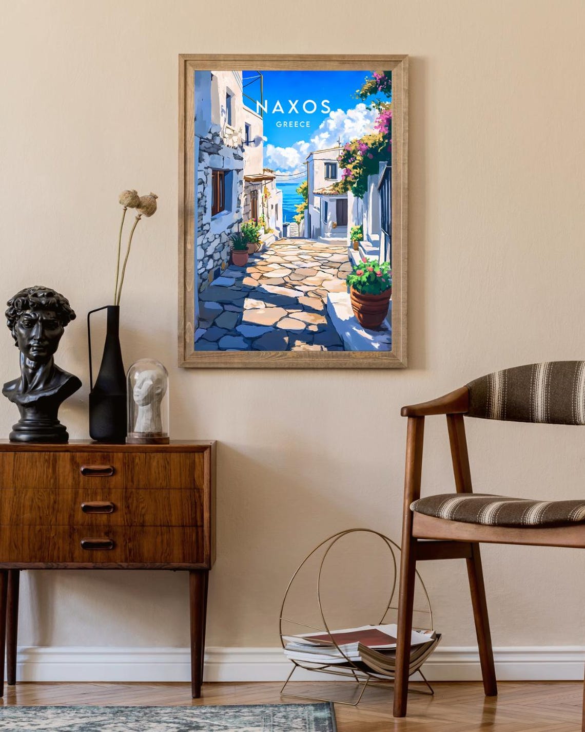 Naxos Greece Whitewashed Alley Cobblestone Sea View Travel Poster - Image 2