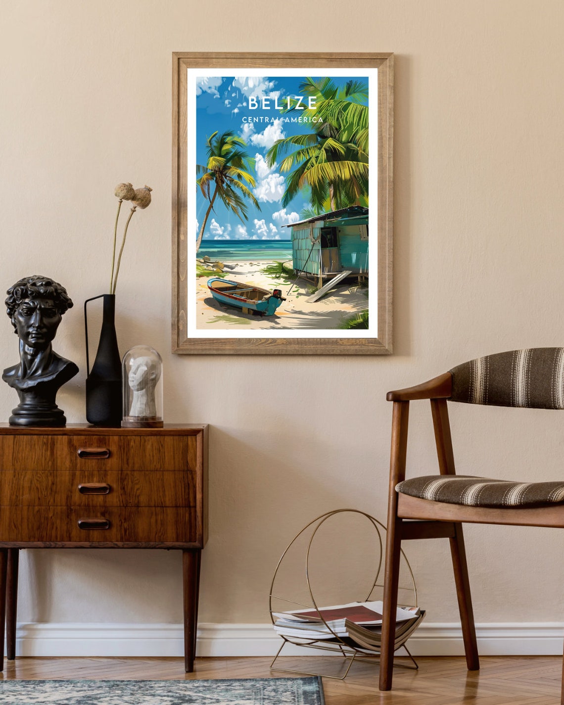 Belize Central America Beach Shack Boat and Palms Art Poster - Image 2
