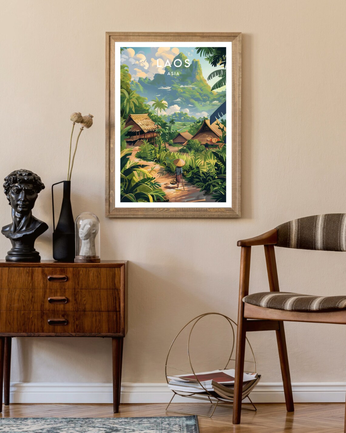 Laos Asia Jungle Village Stilt Houses Green Mountains Vintage Travel Poster - Image 2