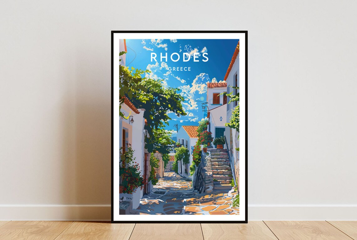 Rhodes Greece Whitewashed Alley Stairs Sea View Vintage Travel Poster