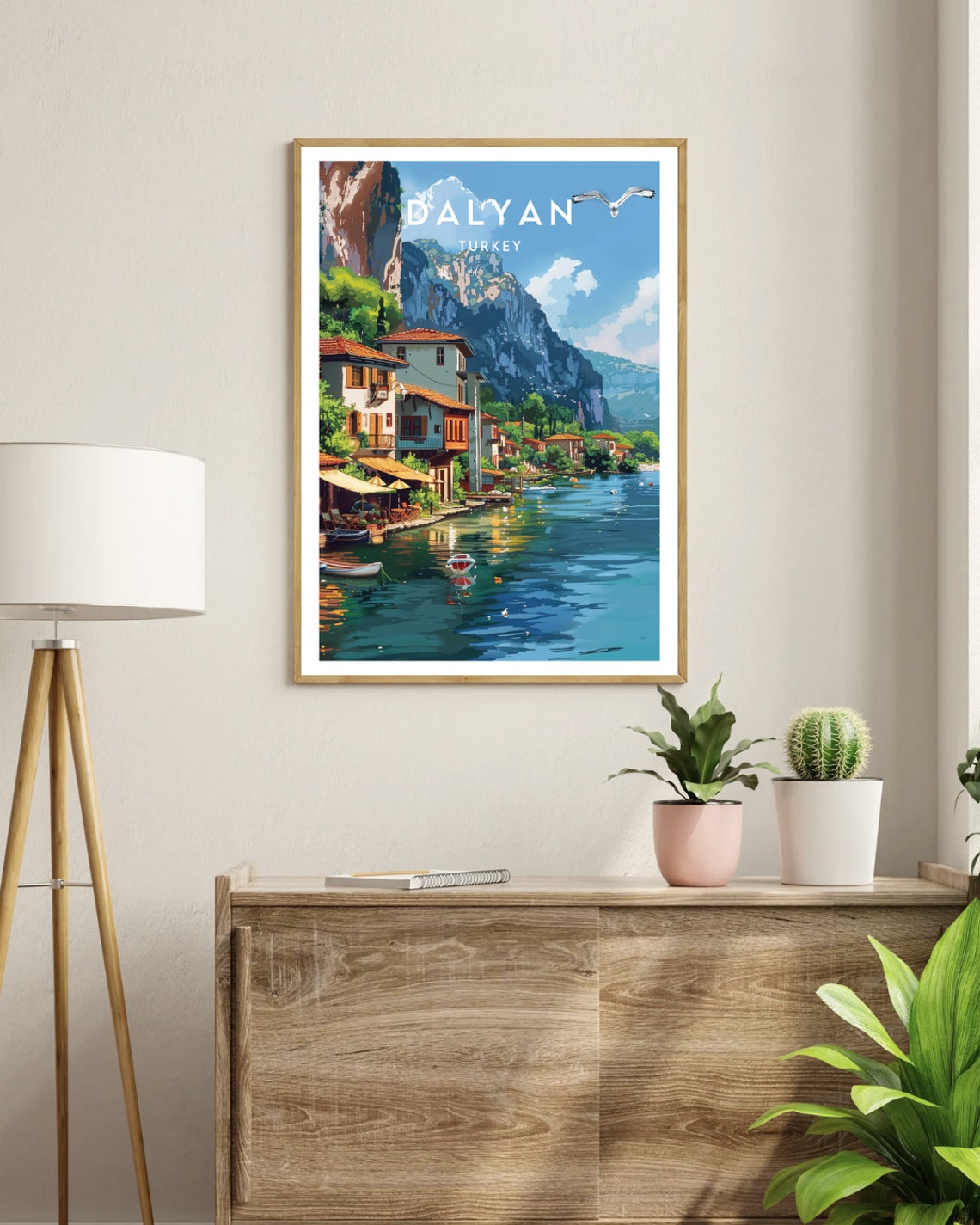 Dalyan Turkey Riverside Village River Cliffs Seagull Boats Poster - Image 3